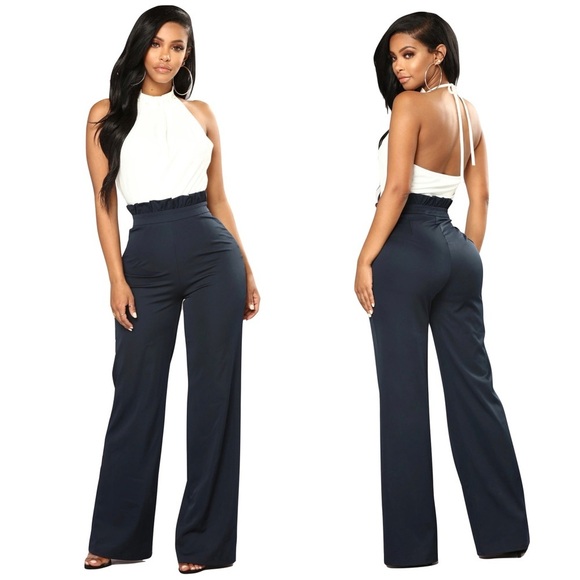 Fashion Nova Pants - Fashion Nova Pearl Accented Halter Top Jumpsuit Navy and Off White Size L